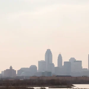 Hazy Kansas City skyline affected by poor air quality from wildfires