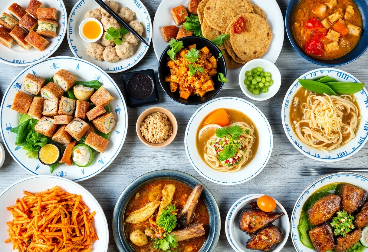 A spread of various Asian dishes representing Kansas City's culinary diversity
