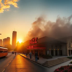 Montage of Kansas City skyline, streetcar, barbecue pit, jazz club, museum facade and rose garden at golden hour
