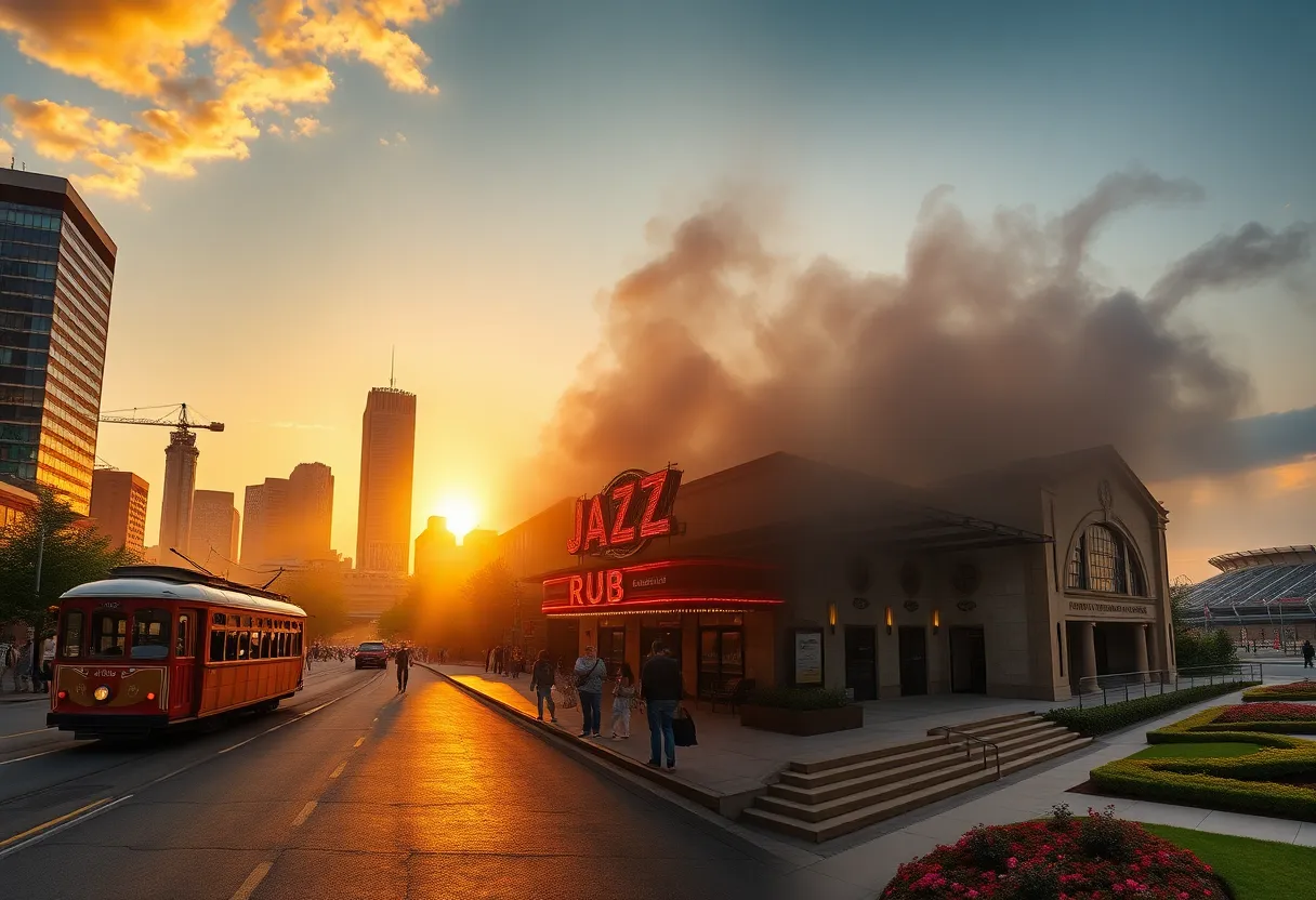 Montage of Kansas City skyline, streetcar, barbecue pit, jazz club, museum facade and rose garden at golden hour