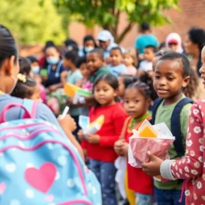 Families receiving backpacks and supplies at a Kansas City event