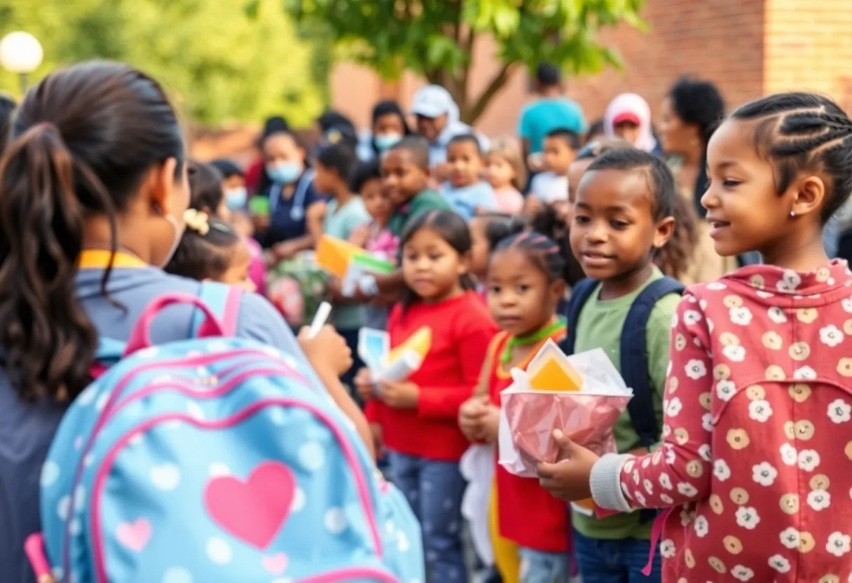 Families receiving backpacks and supplies at a Kansas City event
