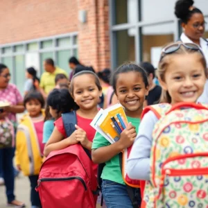 Families receiving backpacks at the Kansas City Public Schools event