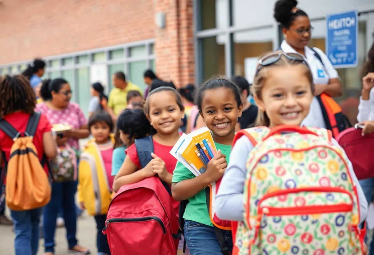 Families receiving backpacks at the Kansas City Public Schools event