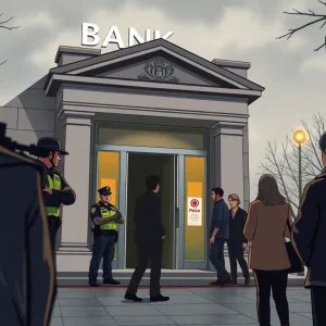 Tense scene outside a bank with police and bystanders