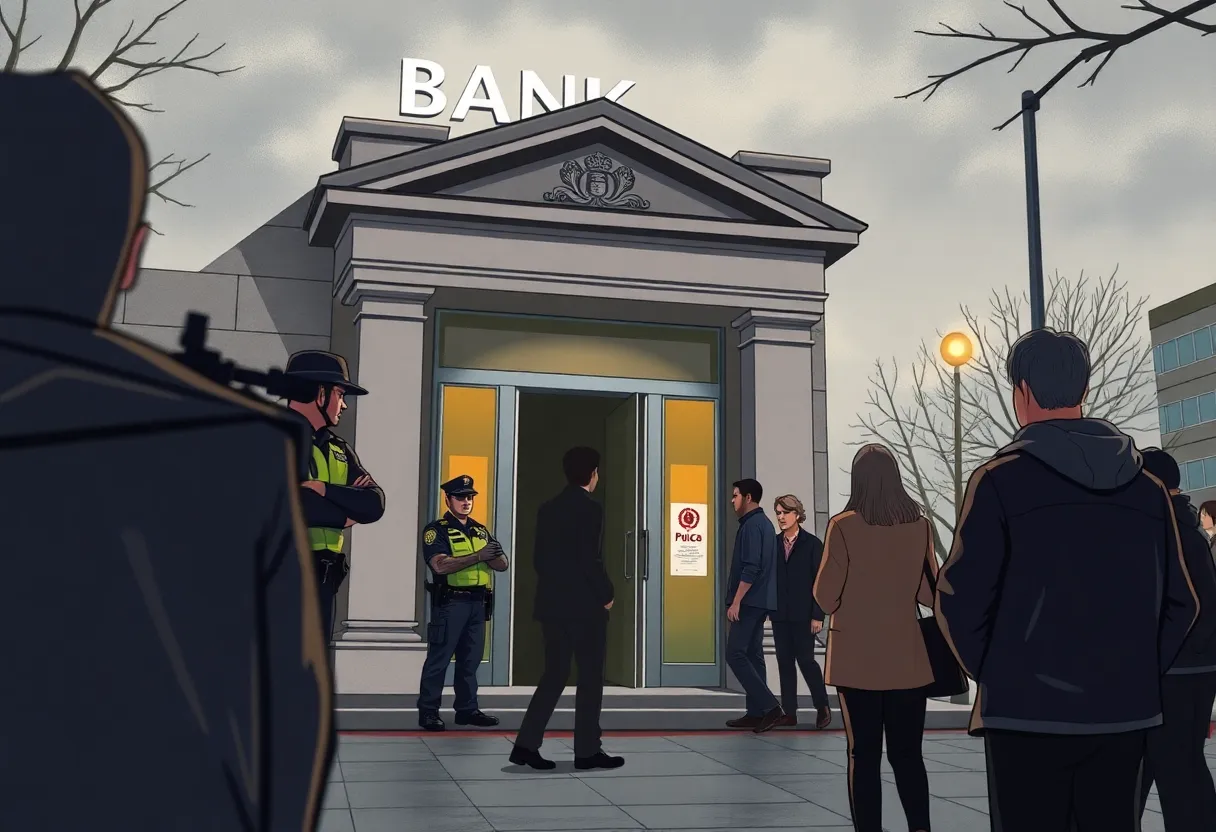 Tense scene outside a bank with police and bystanders