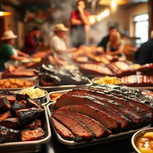 Glistening burnt ends, sliced brisket and ribs with baked beans and coleslaw at a Kansas City barbecue counter