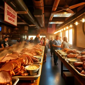 Plated brisket, ribs and sides on a wooden counter in a busy Kansas City barbecue restaurant with warm lighting