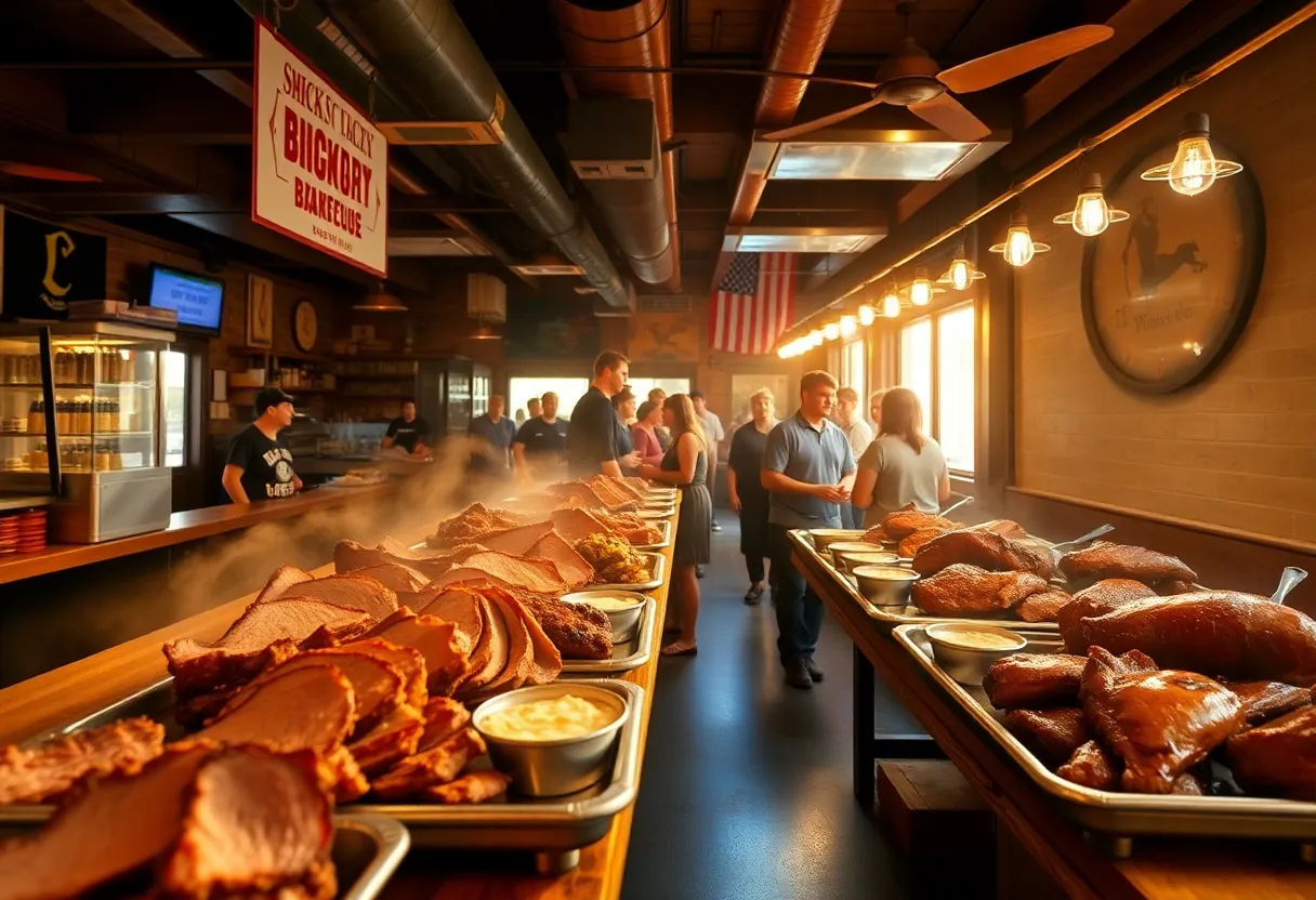 Plated brisket, ribs and sides on a wooden counter in a busy Kansas City barbecue restaurant with warm lighting