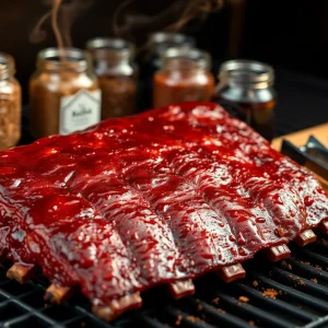 Close-up of sticky glazed Kansas City-style ribs with caramelized bark and nearby jar of dry rub