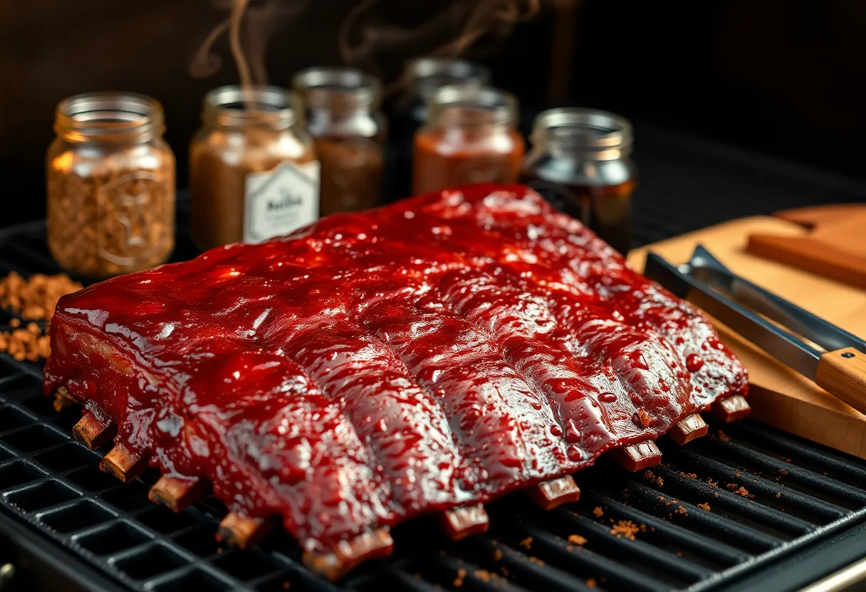 Close-up of sticky glazed Kansas City-style ribs with caramelized bark and nearby jar of dry rub