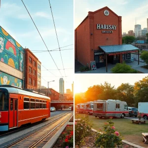 Downtown Kansas City streetcar, murals, food trucks and park views representing budget travel
