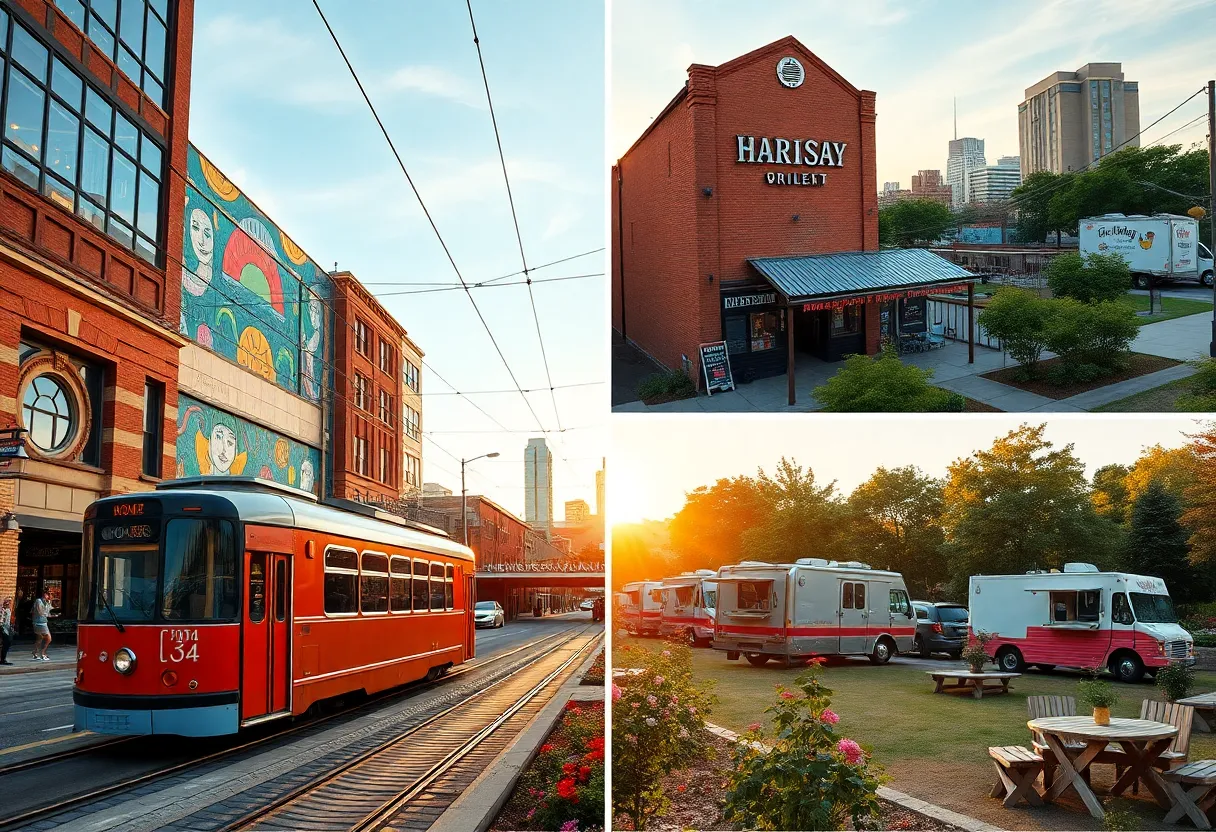Downtown Kansas City streetcar, murals, food trucks and park views representing budget travel