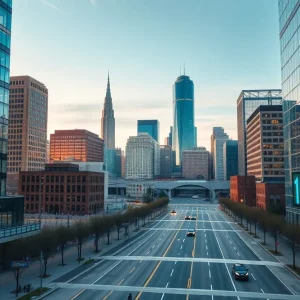 Kansas City skyline with technology elements representing data-driven city services.