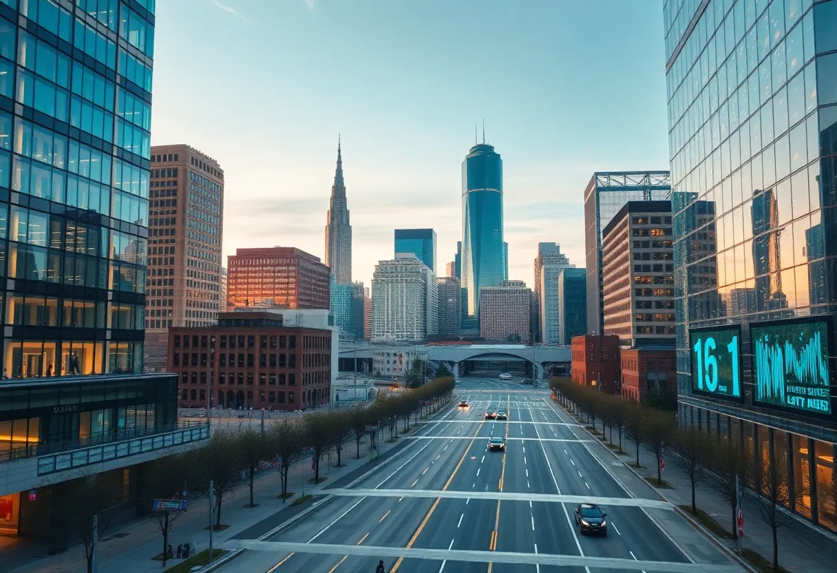 Kansas City skyline with technology elements representing data-driven city services.