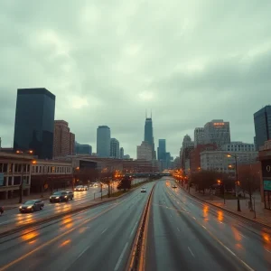 Kansas City skyline under cloudy sky with downtown traffic and wet streets
