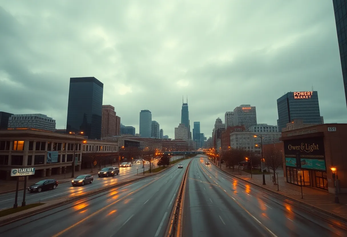 Kansas City skyline under cloudy sky with downtown traffic and wet streets