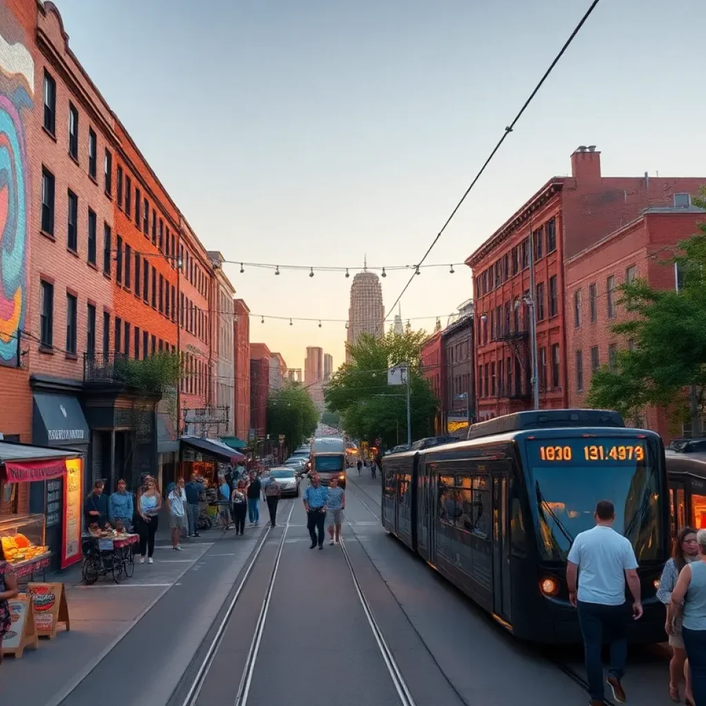 Kansas City streetcar passing colorful murals in the Crossroads Arts District with people and market stalls
