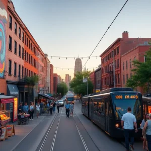 Kansas City streetcar passing colorful murals in the Crossroads Arts District with people and market stalls