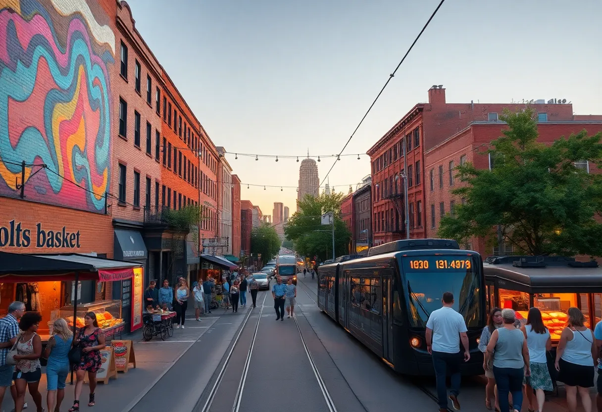 Kansas City streetcar passing colorful murals in the Crossroads Arts District with people and market stalls