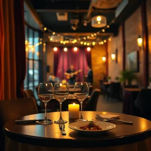 Candlelit intimate restaurant table with wine glasses and warm lighting in Kansas City