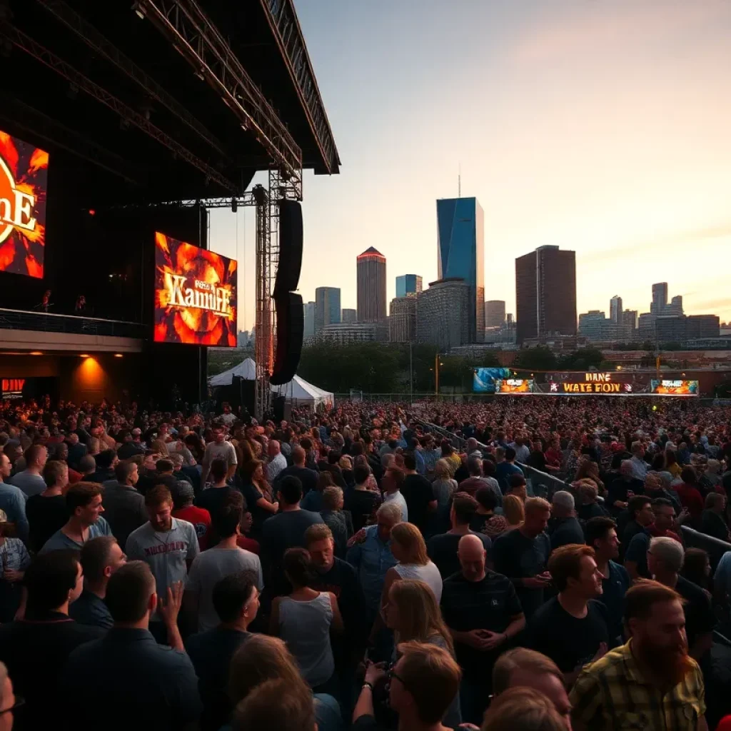 Crowd and VIP seating area at a Kansas City live event with stage lights and skyline