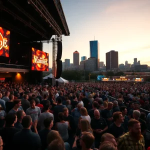 Crowd and VIP seating area at a Kansas City live event with stage lights and skyline