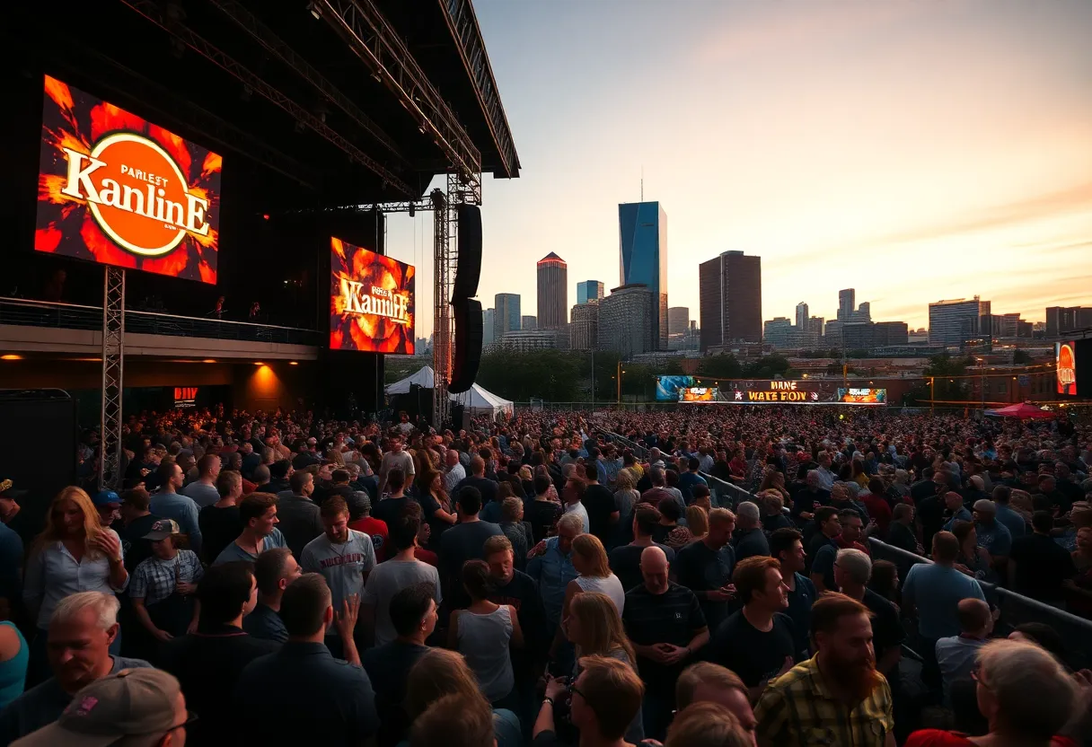 Crowd and VIP seating area at a Kansas City live event with stage lights and skyline