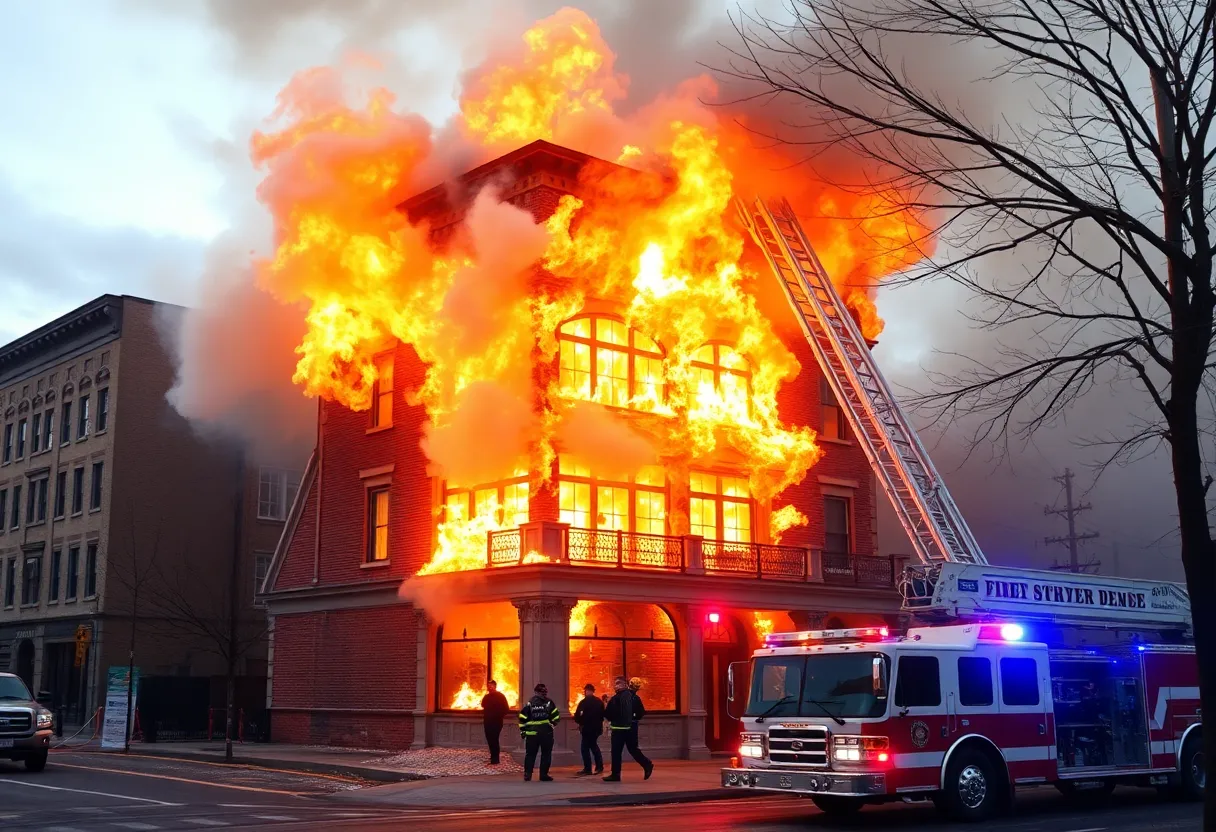 Firefighters responding to a fire at a historic building in Kansas City