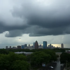 Dark rain clouds over Kansas City with signs of potential flooding.