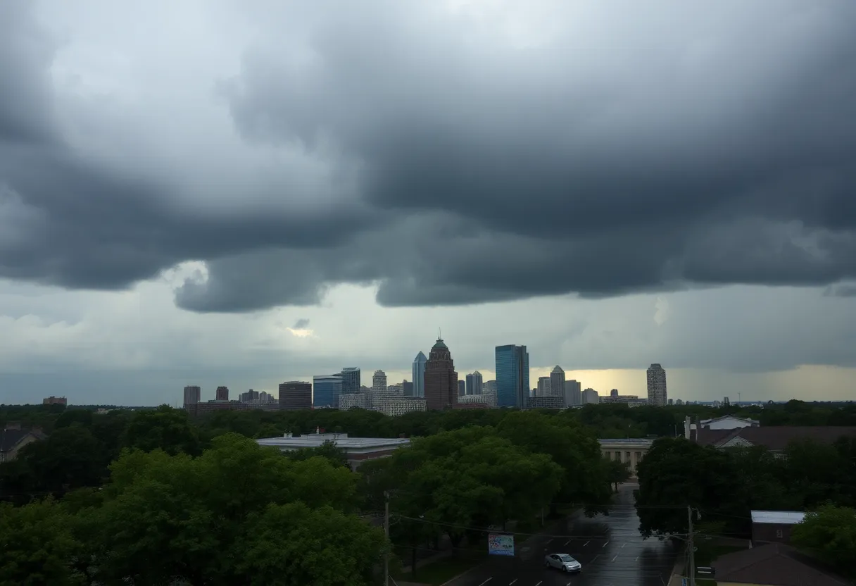 Dark rain clouds over Kansas City with signs of potential flooding.
