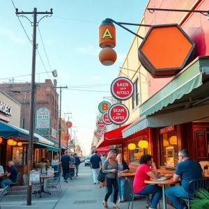 Vibrant Kansas City food scene with diners at various affordable restaurants.