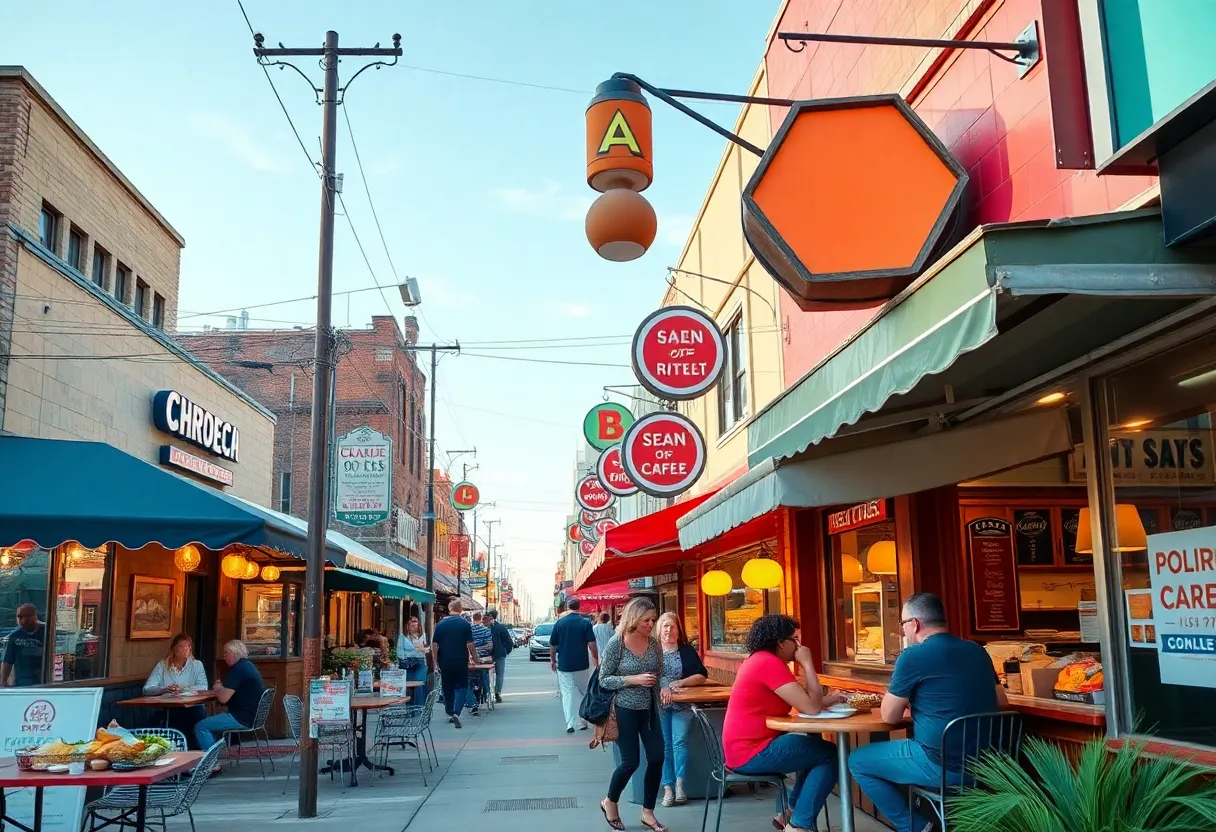 Vibrant Kansas City food scene with diners at various affordable restaurants.