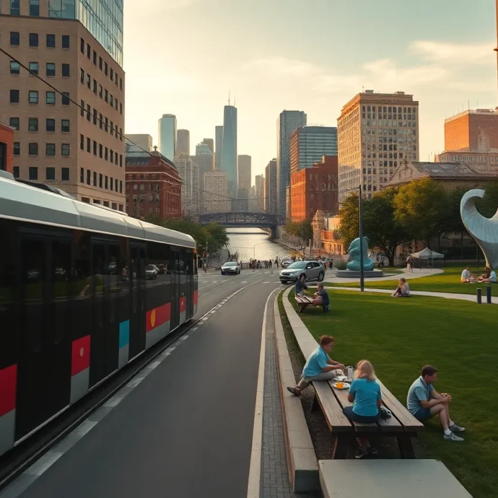 KC streetcar by the River Market, riverfront trail, colorful murals, and sculpture lawn at a museum