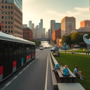 KC streetcar by the River Market, riverfront trail, colorful murals, and sculpture lawn at a museum