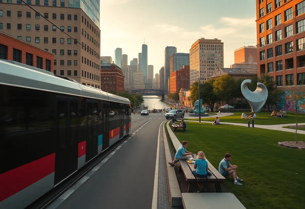 KC streetcar by the River Market, riverfront trail, colorful murals, and sculpture lawn at a museum