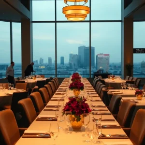 Private dining room with long banquet tables and city skyline visible through windows, set up for a group event in Kansas City