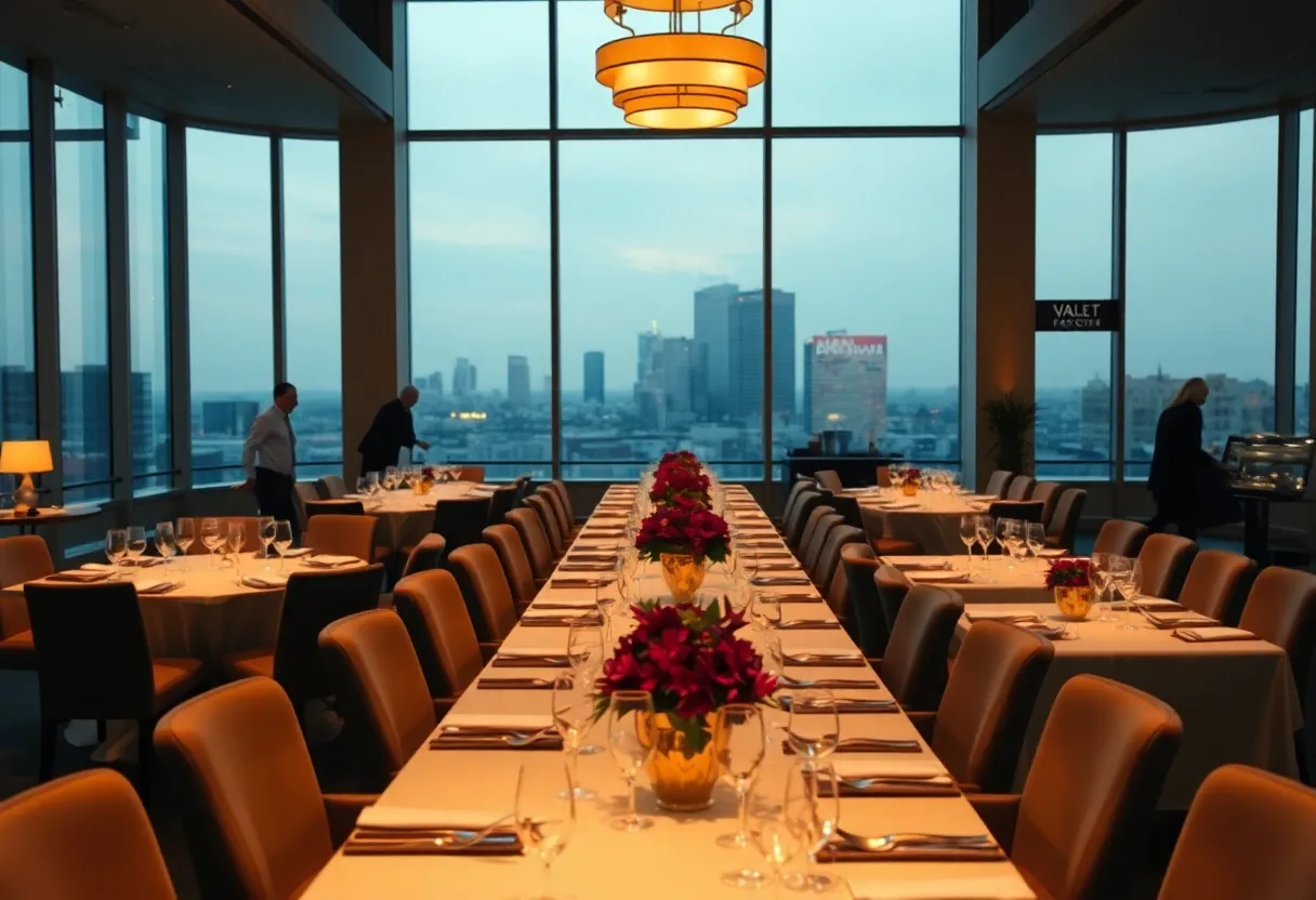 Private dining room with long banquet tables and city skyline visible through windows, set up for a group event in Kansas City