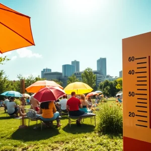 Bright sunny day in Kansas City during extreme heat wave.