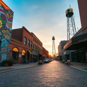 Collage of Kansas City murals, antique district, rose garden, music venue, and water tower at golden hour