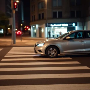 Scene depicting a marked crosswalk at night in Kansas City, emphasizing pedestrian safety.
