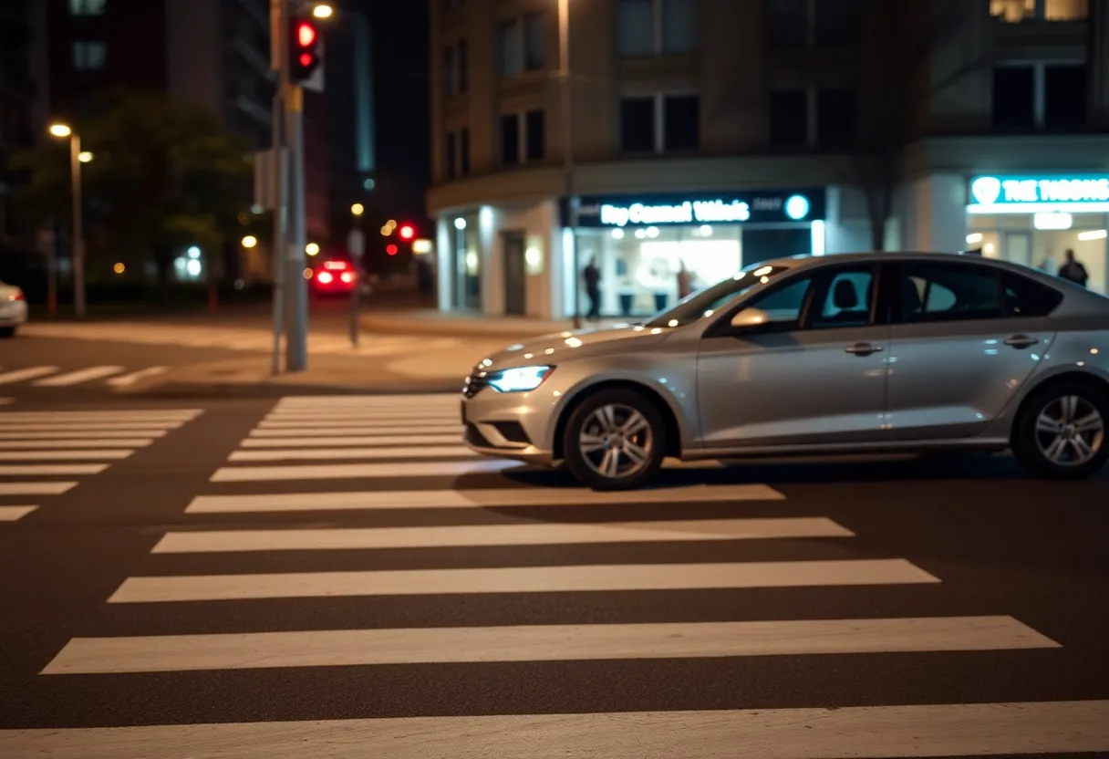 Scene depicting a marked crosswalk at night in Kansas City, emphasizing pedestrian safety.