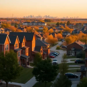 Kansas City residential neighborhood with a mix of older homes and new construction and the skyline in the distance