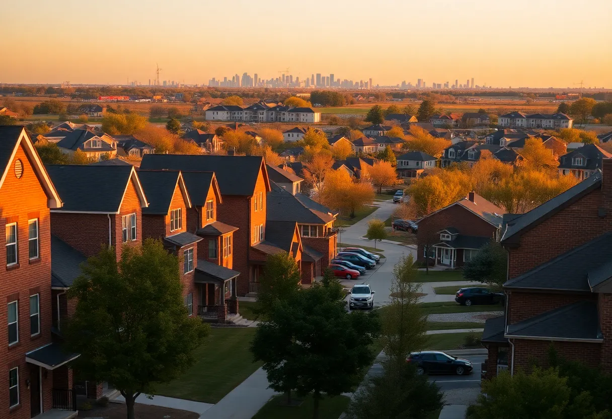 Kansas City residential neighborhood with a mix of older homes and new construction and the skyline in the distance