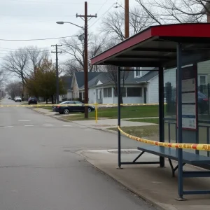 View of a neighborhood street in Kansas City with police tape