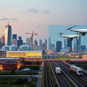 Panoramic composite of Kansas City skyline with construction cranes, data center, robotics, farmland, and logistics trucks symbolizing growing investment sectors