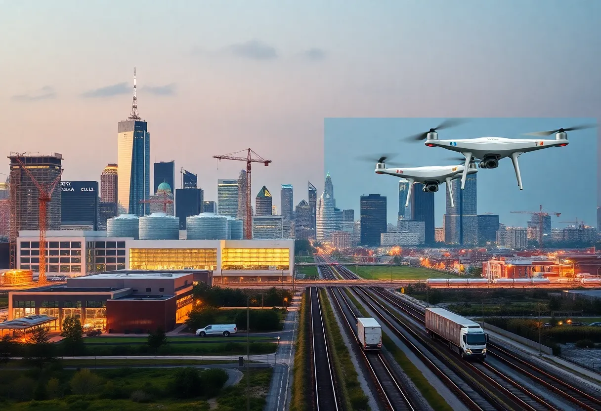 Panoramic composite of Kansas City skyline with construction cranes, data center, robotics, farmland, and logistics trucks symbolizing growing investment sectors