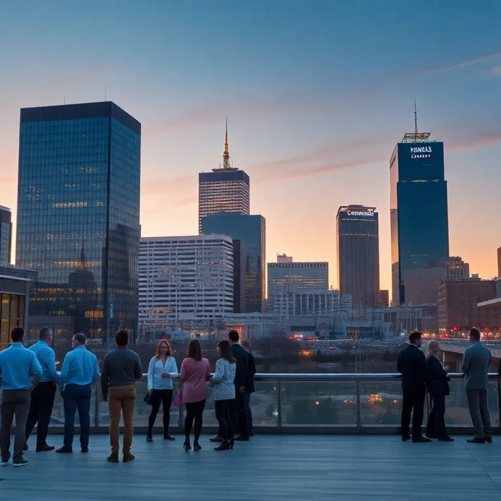 Kansas City skyline at dusk with professionals networking and icons for healthcare, tech, and finance