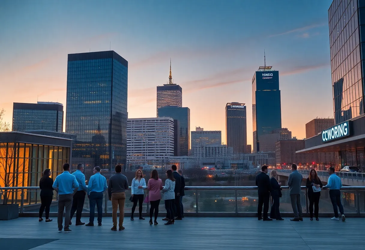 Kansas City skyline at dusk with professionals networking and icons for healthcare, tech, and finance
