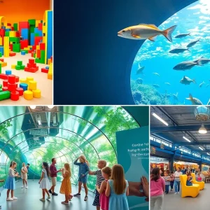 Children enjoying interactive play areas, aquarium tunnel, and a sculpture garden at Kansas City attractions